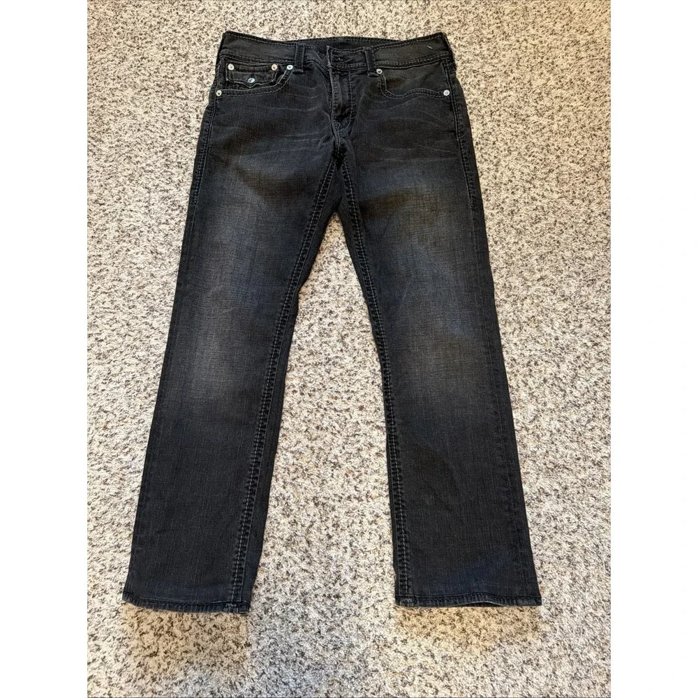 True Religion Straight Mens 33 Black Big Stitch Jeans 33, 30.5 Inseam Hemmed